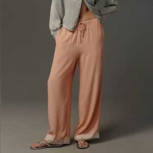 🟠NWT ANTHROPOLOGIE Lace Trim Silky Pull-On Pants in Peach